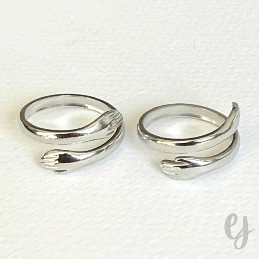 Hugging Hands Adjustable Ring Set – 2 Silver Tone Rings